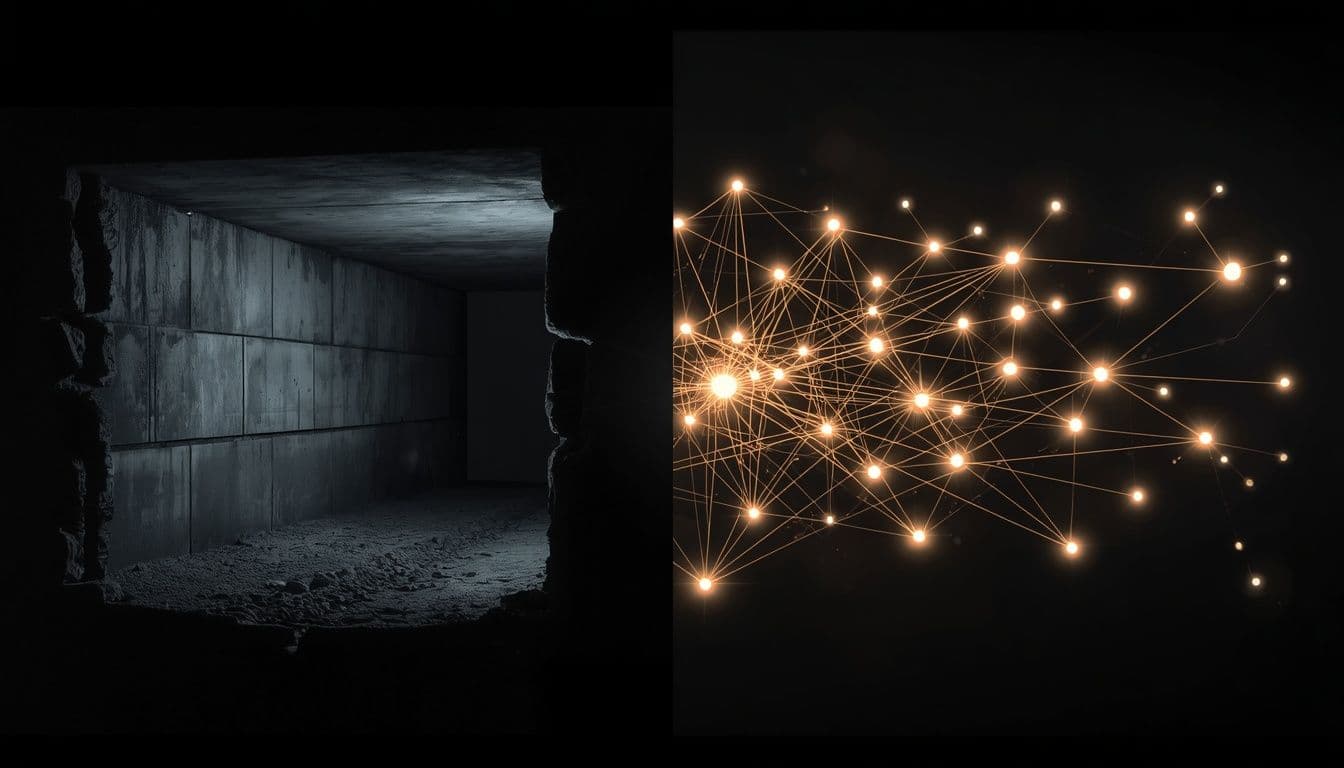 Abstract intelligence split-screen infographic comparing a dark concrete architectural grid with a dynamic, glowing gold network of interconnected nodes, illustrating Professor Jiang's survival strategy for systemic civilizational collapse.