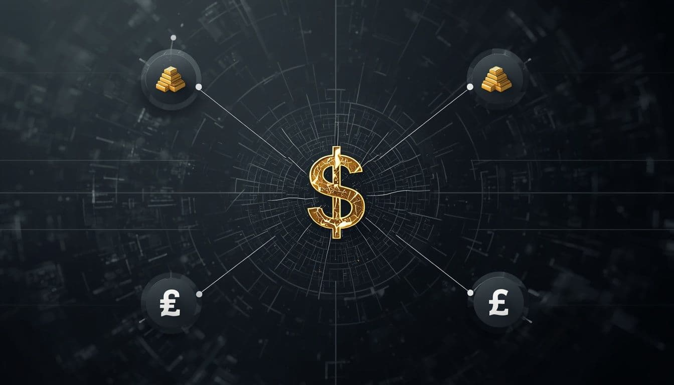 Cinematic macroeconomic infographic displaying stacked gold bars alongside an illuminated geometric digital node network, representing the shift to alternative reserve assets following a US dollar collapse based on Professor Jiang's analysis.