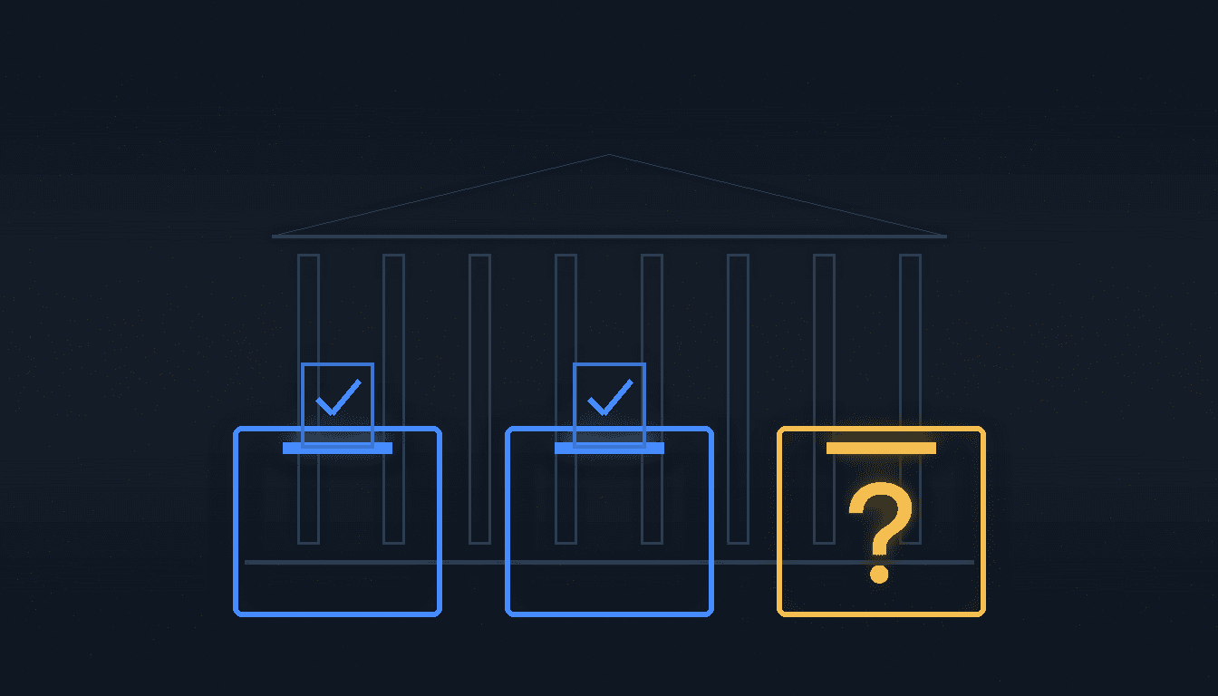 Two checked ballot boxes and a third marked with a question mark in front of a columned government building, illustrating a possible Trump third term.