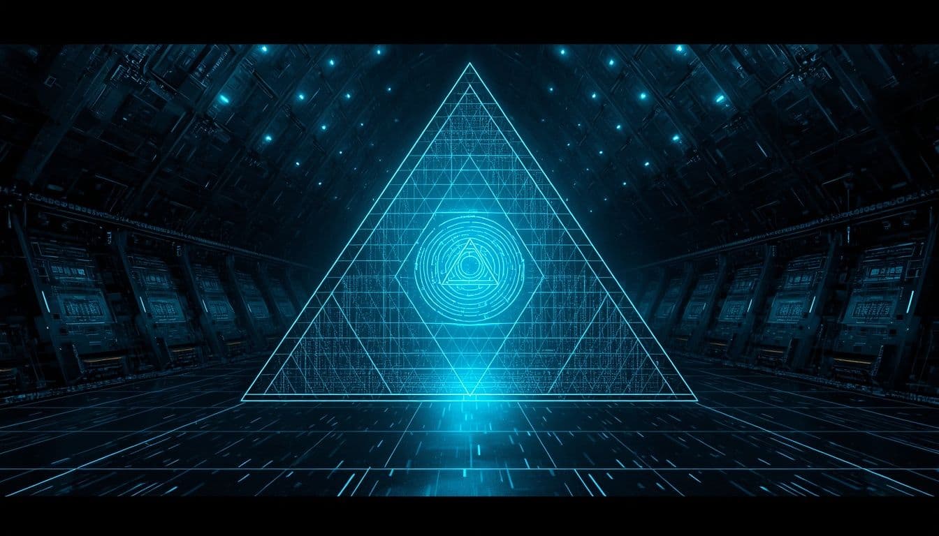 High-tech intelligence visualization of a geometric computational pyramid glowing with cyan and tech-blue data streams, representing the technate AI surveillance state architecture analyzed by Professor Jiang.