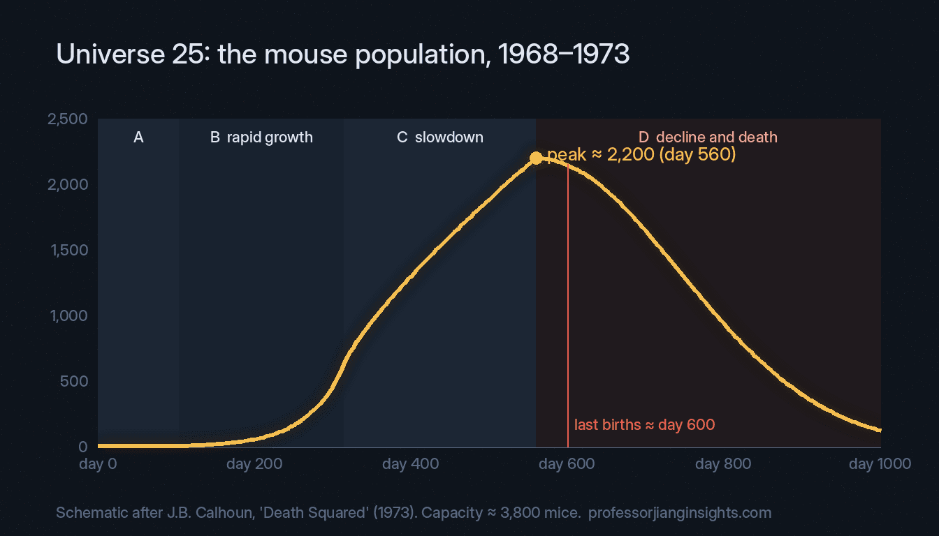 Universe 25 population graph: John Calhoun's mouse colony grew to about 2,200 by day 560, stopped breeding around day 600, then declined to extinction.