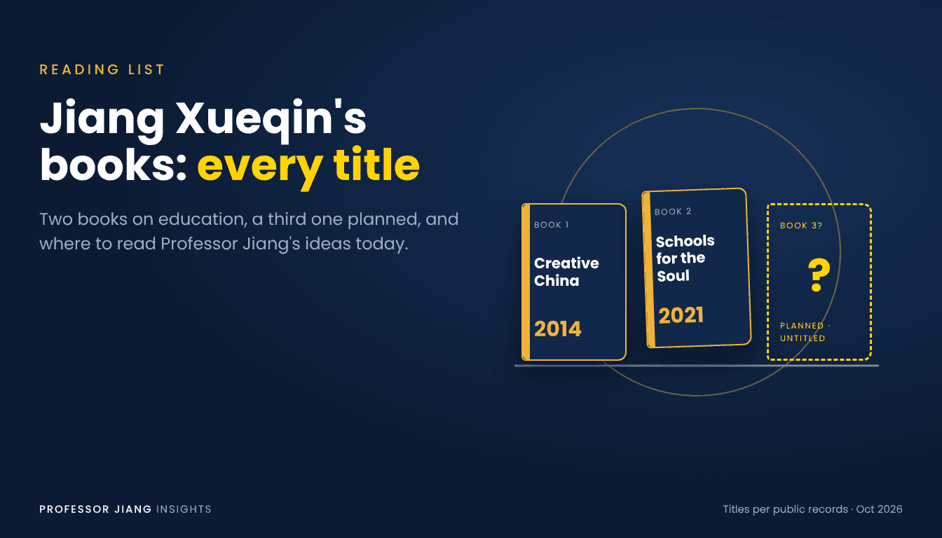 Jiang Xueqin books: Creative China (2014), Schools for the Soul (2021) and a planned third book.