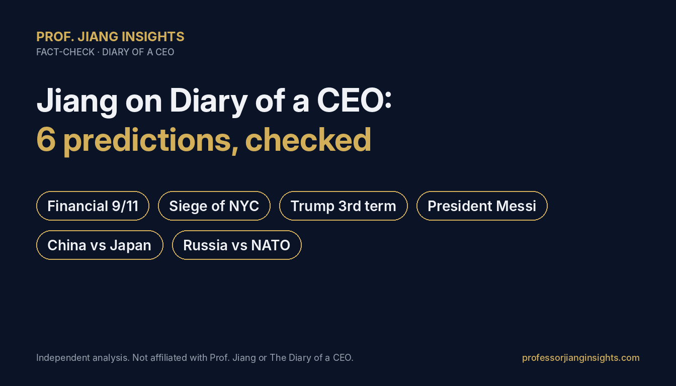 Professor Jiang’s six Diary of a CEO predictions: financial 9/11, siege of NYC, Trump third term, President Messi, China vs Japan, Russia vs NATO.
